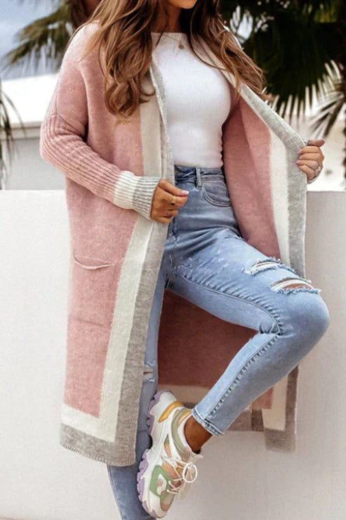 EB | Langer Cardigan Offene Front Weiches Strick Rippbündchen mit Taschen