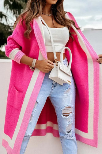 EB | Lange Strickjacke mit kontrastierendem Kapuzenpullover und offener Vorderseite