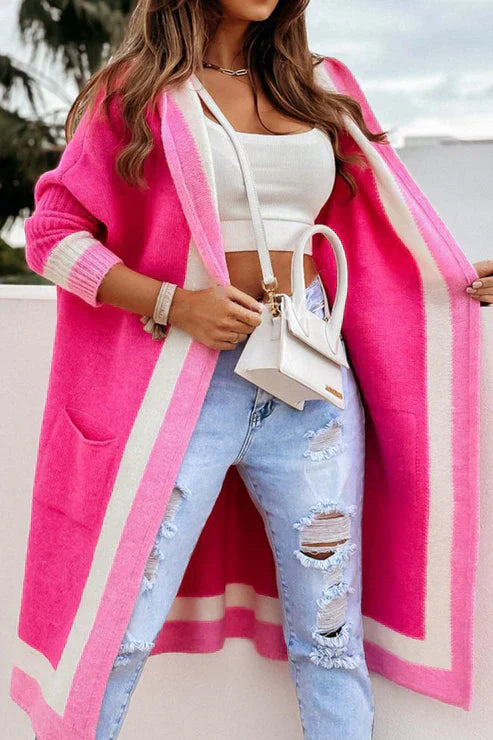 EB | Langer Cardigan Offene Front Weiches Strick Rippbündchen mit Taschen