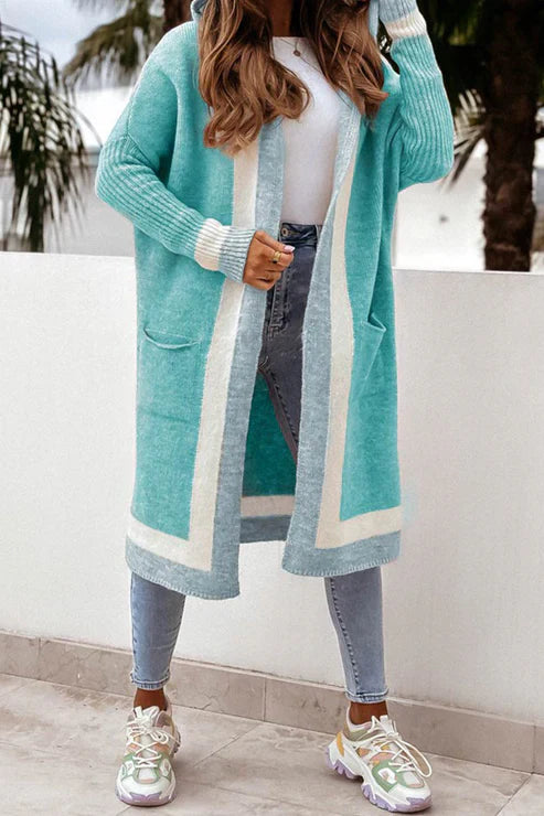 EB | Langer Cardigan Offene Front Weiches Strick Rippbündchen mit Taschen