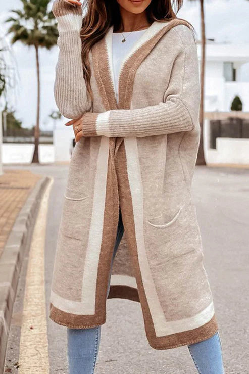 EB | Langer Cardigan Offene Front Weiches Strick Rippbündchen mit Taschen
