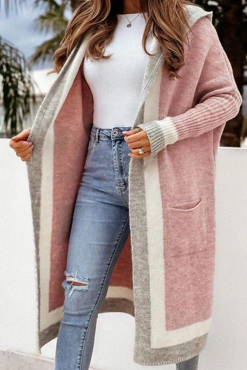 EB | Langer Cardigan Offene Front Weiches Strick Rippbündchen mit Taschen