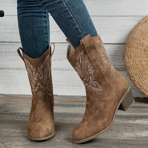 Cowboystiefel - Damen Knöchelhoche Blockabsatz Cowgirl-Stiefel EB
