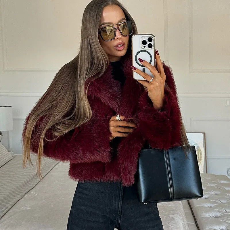 EB | Fake,Fur,Mäntel mit Großer Kragen, Weinrot