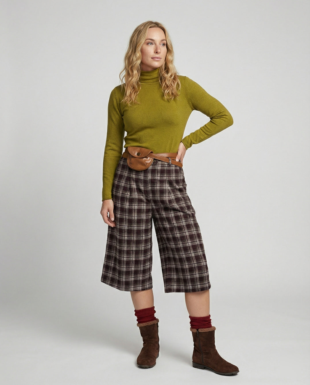 Damen Langarmshirt Senfgrün Enganliegend Rollsaum Stehkragen Weich