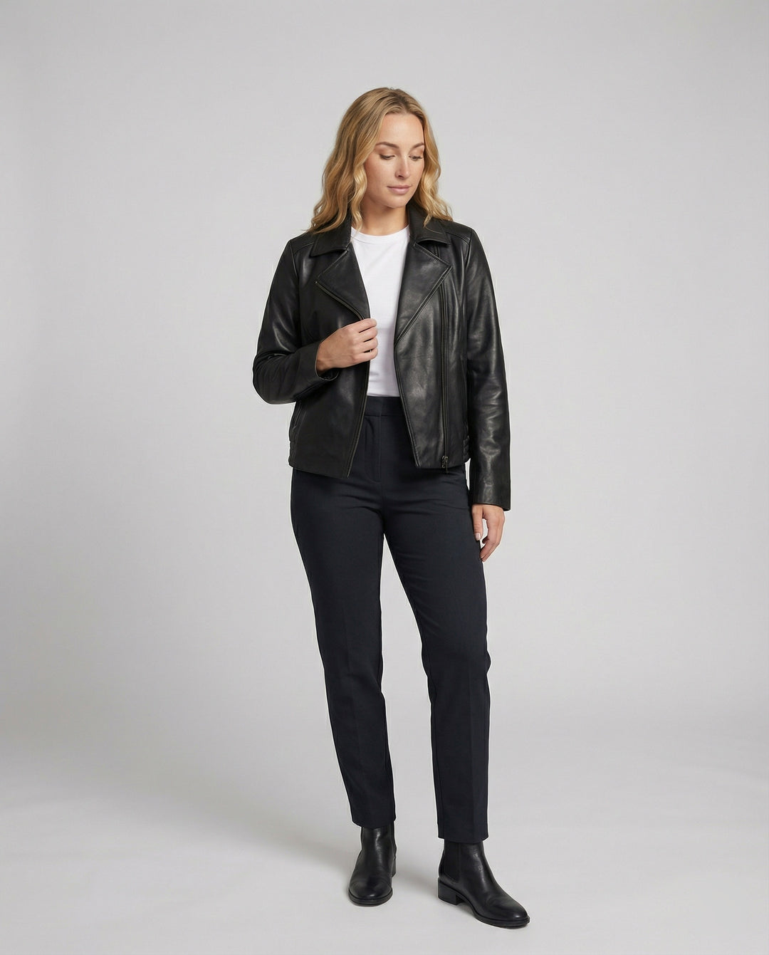 Damen Lederjacke Schwarz Oversized Vintage Look Biker Jacke
