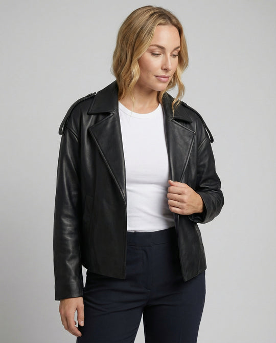 Damen Lederjacke Schwarz Oversized Vintage Look Biker Jacke