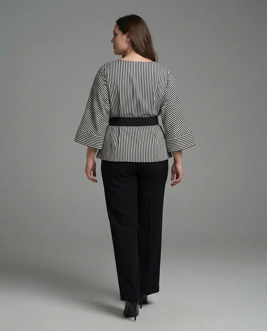 Damen Streetwear zweiteiliges Set mit gestreiftem Wickelshirt, Bindegürtel und weiter Palazzo-Hose EB