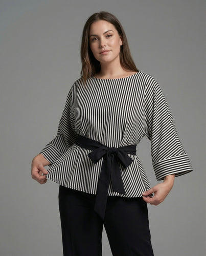 Damen Streetwear zweiteiliges Set mit gestreiftem Wickelshirt, Bindegürtel und weiter Palazzo-Hose EB
