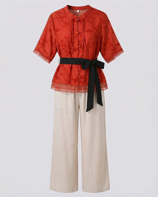Damen Streetwear zweiteiliges Set mit gestreiftem Wickelshirt, Bindegürtel und weiter Palazzo-Hose EB
