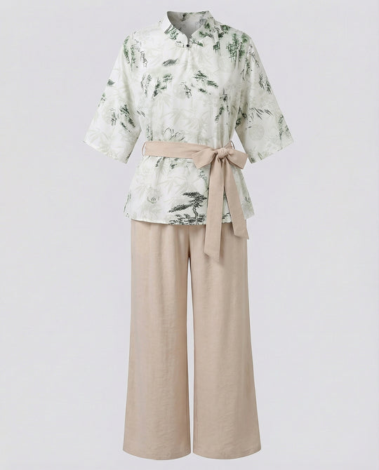 Damen Streetwear zweiteiliges Set mit gestreiftem Wickelshirt, Bindegürtel und weiter Palazzo-Hose EB