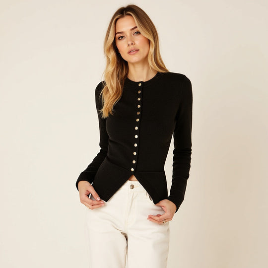 EB | Cardigan - Frauen Herbst Schwarz Strickjacke mit Knopfleiste