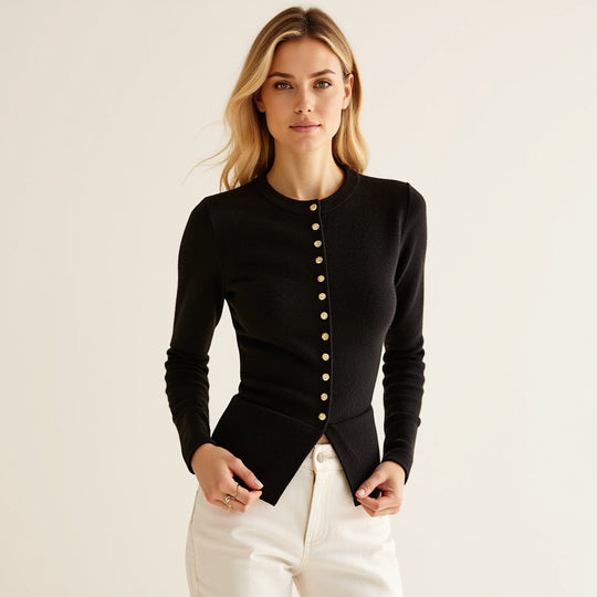 EB | Cardigan - Frauen Herbst Schwarz Strickjacke mit Knopfleiste