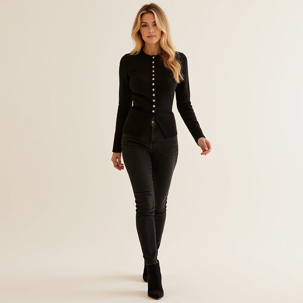 EB | Cardigan - Frauen Herbst Schwarz Strickjacke mit Knopfleiste