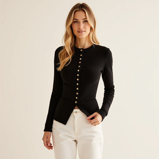 EB | Cardigan - Frauen Herbst Schwarz Strickjacke mit Knopfleiste
