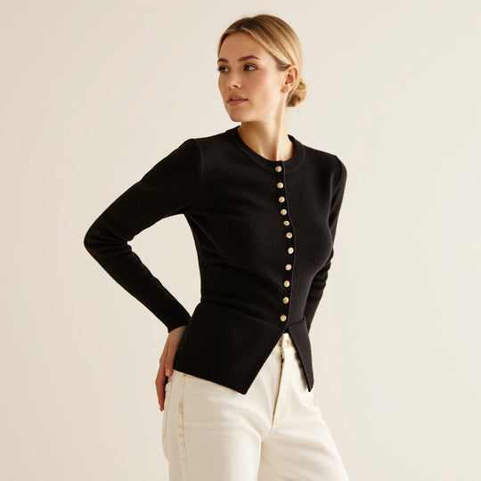 EB | Cardigan - Frauen Herbst Schwarz Strickjacke mit Knopfleiste