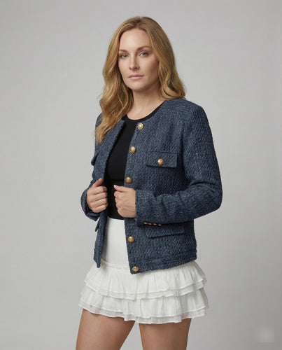 Damen baggy latzhose damen strukturierte Boucléjacke mit Zierknöpfen und Pattentaschen EB