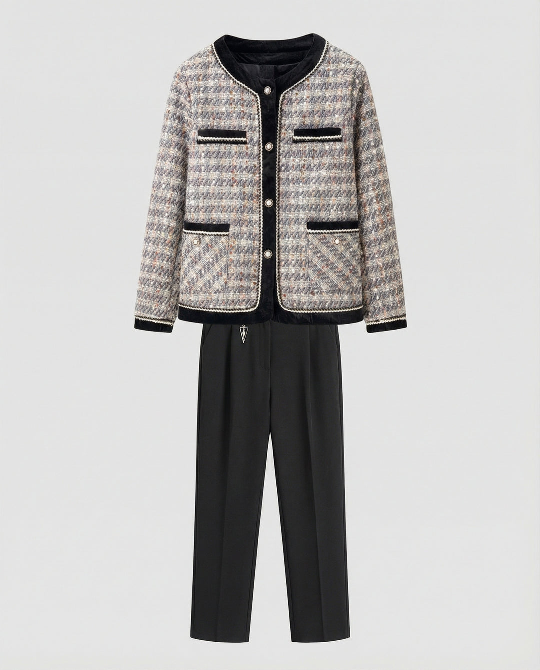 Tweed-Blazer im Bouclé-Look mit Samtbesatz und schlanker Anzughose EB