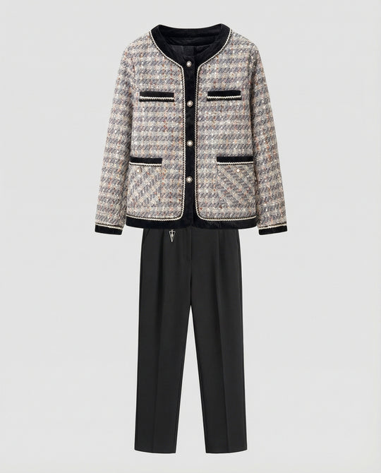 Tweed-Blazer im Bouclé-Look mit Samtbesatz und schlanker Anzughose EB