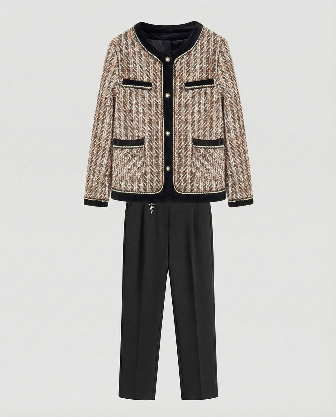 Tweed-Blazer im Bouclé-Look mit Samtbesatz und schlanker Anzughose EB