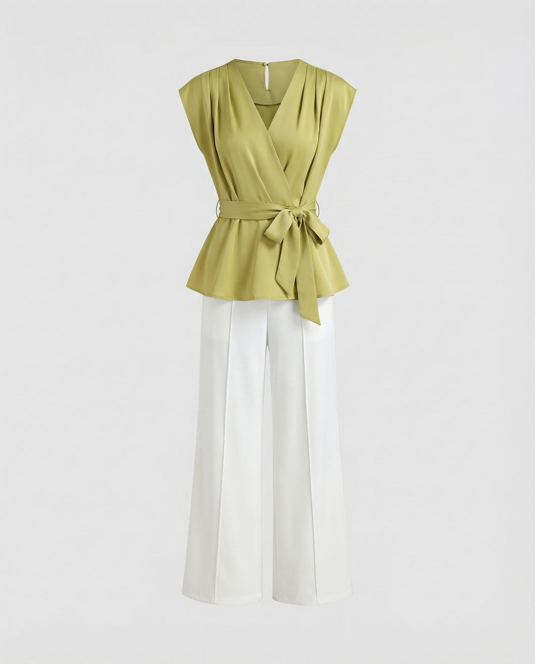 Elegantes Zweiteiler-Set Wickelblusentop mit Taillengürtel und hochgeschnittene Palazzohose mit Frontschlitz EB
