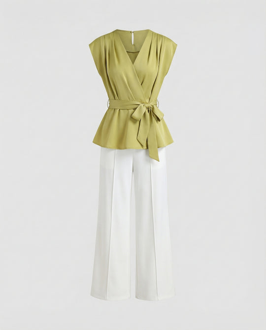 Elegantes Zweiteiler-Set Wickelblusentop mit Taillengürtel und hochgeschnittene Palazzohose mit Frontschlitz EB