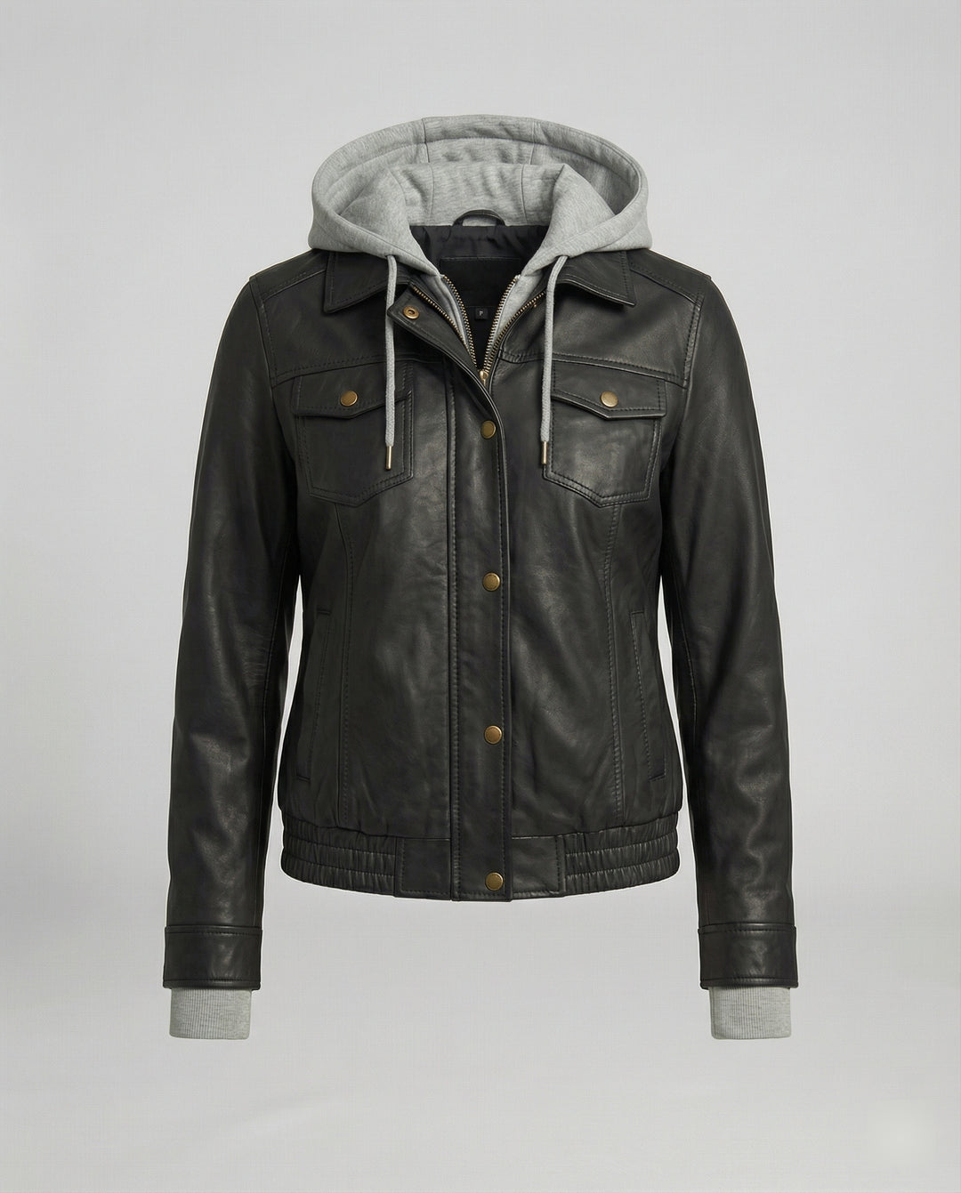 Kurz geschnittener Boxy-Lederblouson mit Hemdkragen, Brustpattentaschen und verstellbarem Saum EB