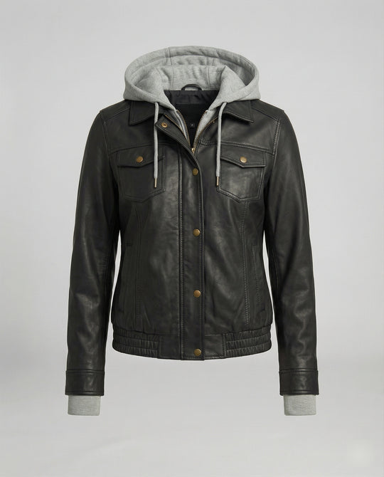Kurz geschnittener Boxy-Lederblouson mit Hemdkragen, Brustpattentaschen und verstellbarem Saum EB