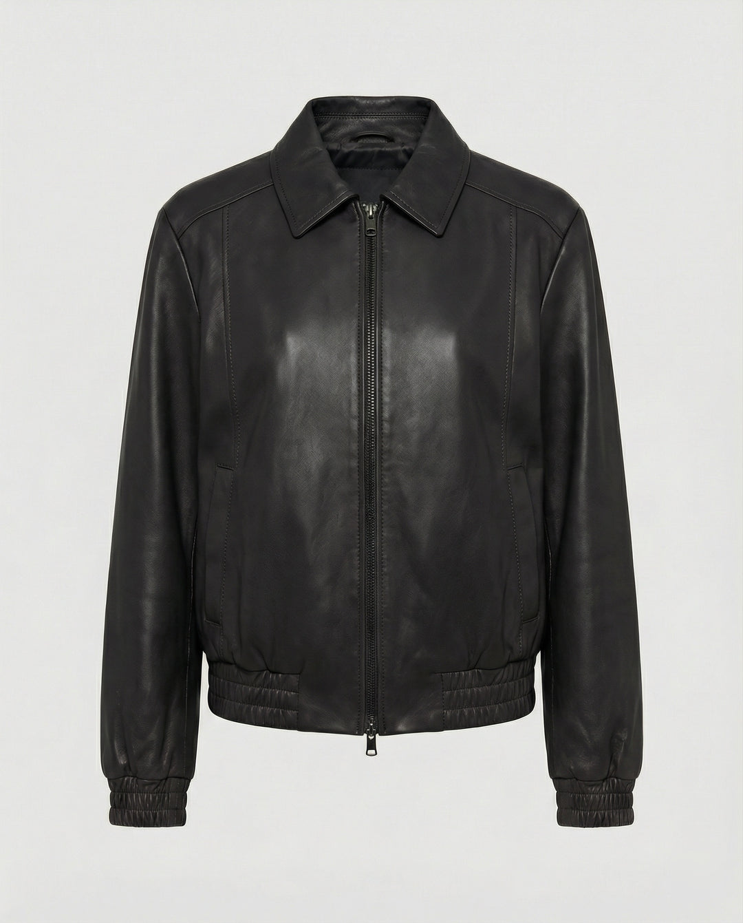 Kurze Lederblousonjacke mit Hemdkragen, verdecktem Reißverschluss und elastischen Bündchen EB