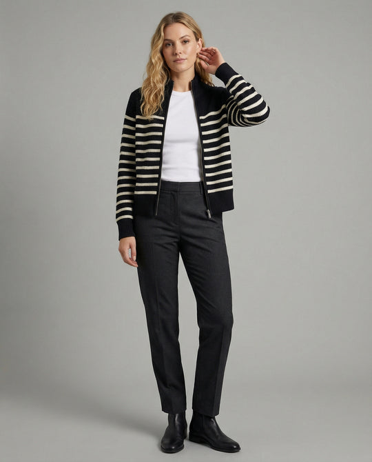 Kurze Strickjacke mit maritimen Blockstreifen Reißverschluss und Schalkragen EB