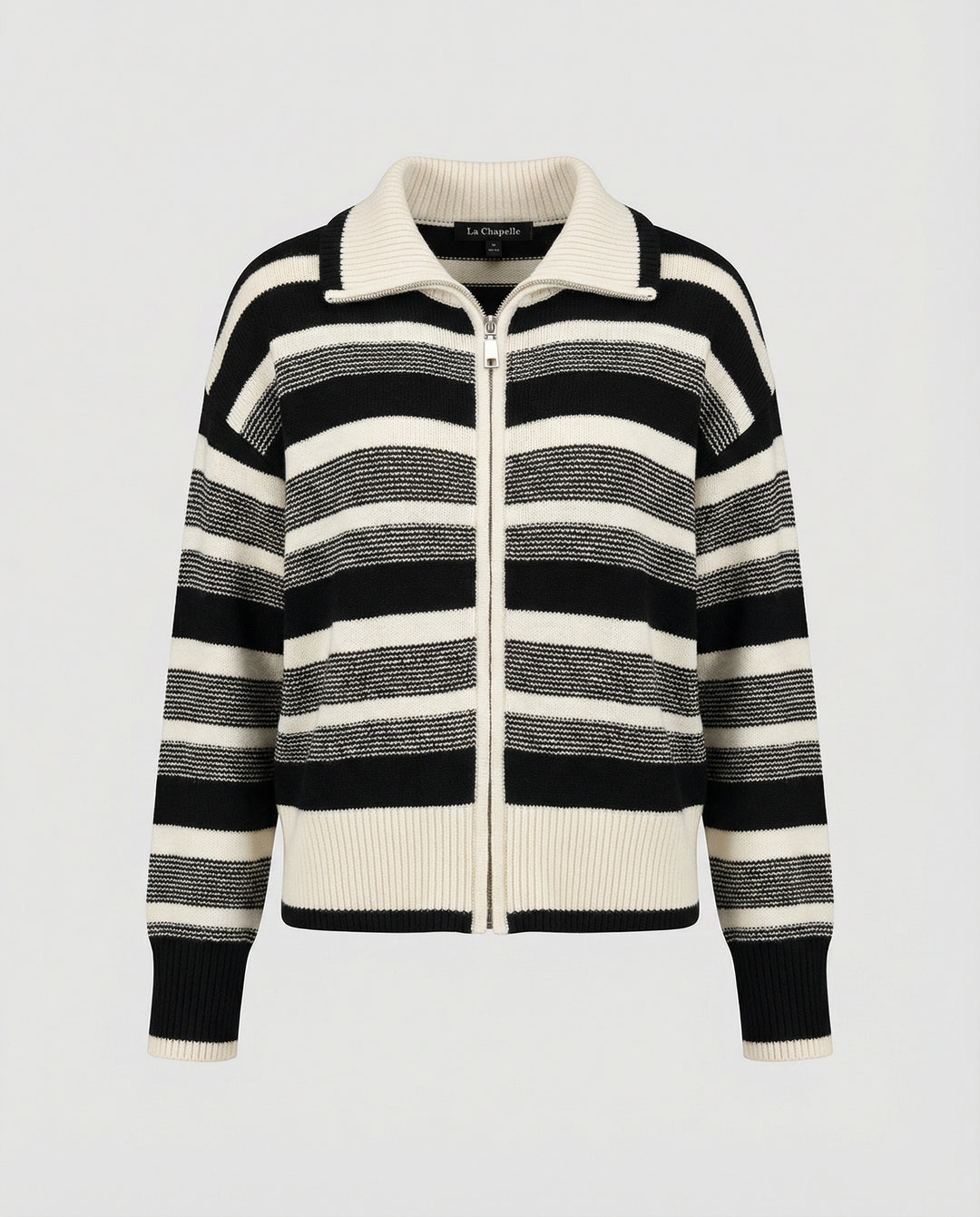 Kurze Strickjacke mit maritimen Blockstreifen Reißverschluss und Schalkragen EB