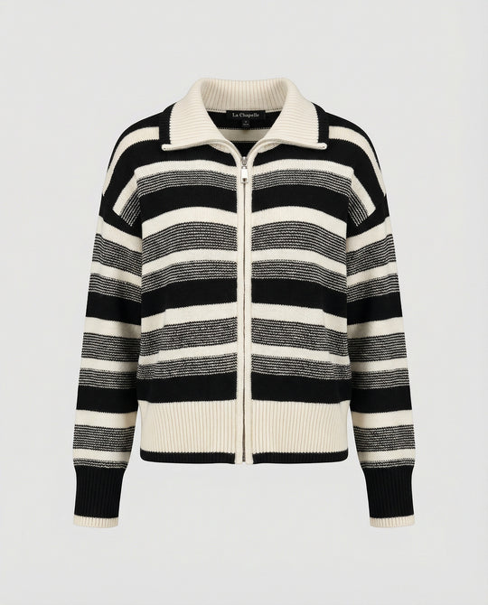 Kurze Strickjacke mit maritimen Blockstreifen Reißverschluss und Schalkragen EB