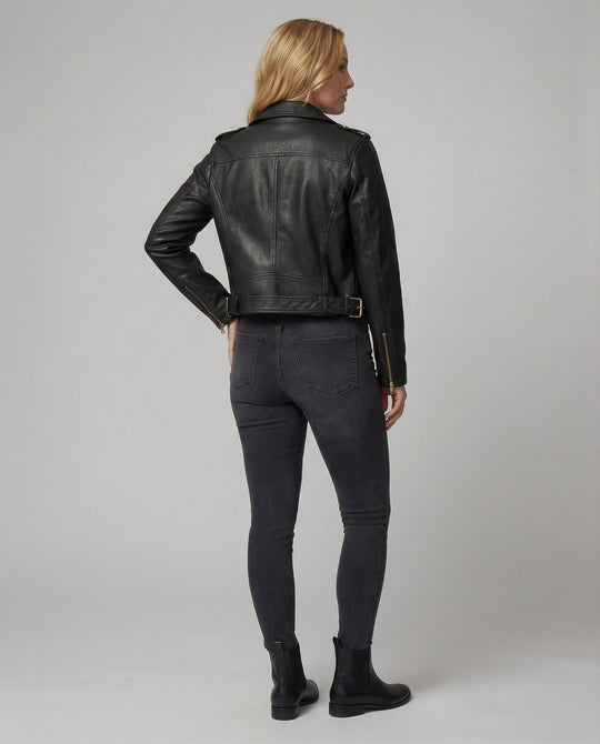 Kurze taillierte Biker-Lederjacke mit Reverskragen und Taillengürtel EB