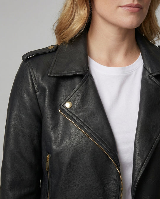 Kurze taillierte Biker-Lederjacke mit Reverskragen und Taillengürtel EB