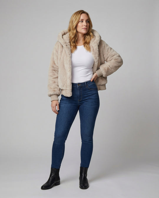 Kuschelige Teddy-Kapuzenjacke mit kastigem Schnitt, kurzem Saum und verdecktem Verschluss EB