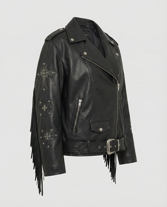 Oversized Kunstleder-Bikerjacke mit Sternnieten, Schnallen und verstellbarem Taillengürtel EB
