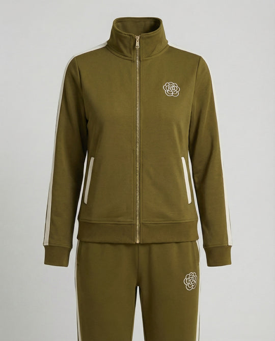 Sportlich-elegantes Freizeitset mit Stehkragen-Reißjacke, kontrastierenden Seitenstreifen und gerader Komforthose EB