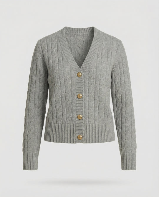 Taillierter Kurzcardigan mit geflochtener Strickstruktur und dekorativen Metallknöpfen EB