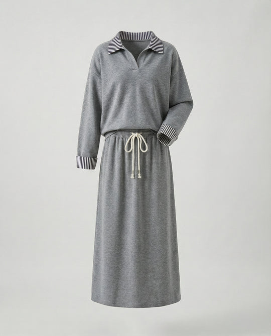 Urbanes Freizeitensemble mit Oversize-Sweatshirt, Streifenkragen und Kordelzug-Midirock EB