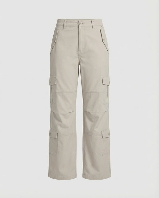 Weit geschnittene hochtaillierte Statement-Hose mit asymmetrischen Paneel-Falten und Zierdruckknöpfen EB