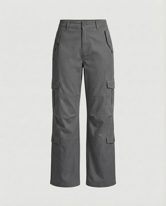 Weit geschnittene hochtaillierte Statement-Hose mit asymmetrischen Paneel-Falten und Zierdruckknöpfen EB