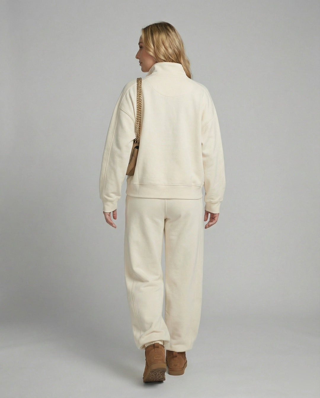 Weit geschnittenes Fleece-Freizeitset mit halbem Reißverschluss, Stehkragen und Jogginghose EB