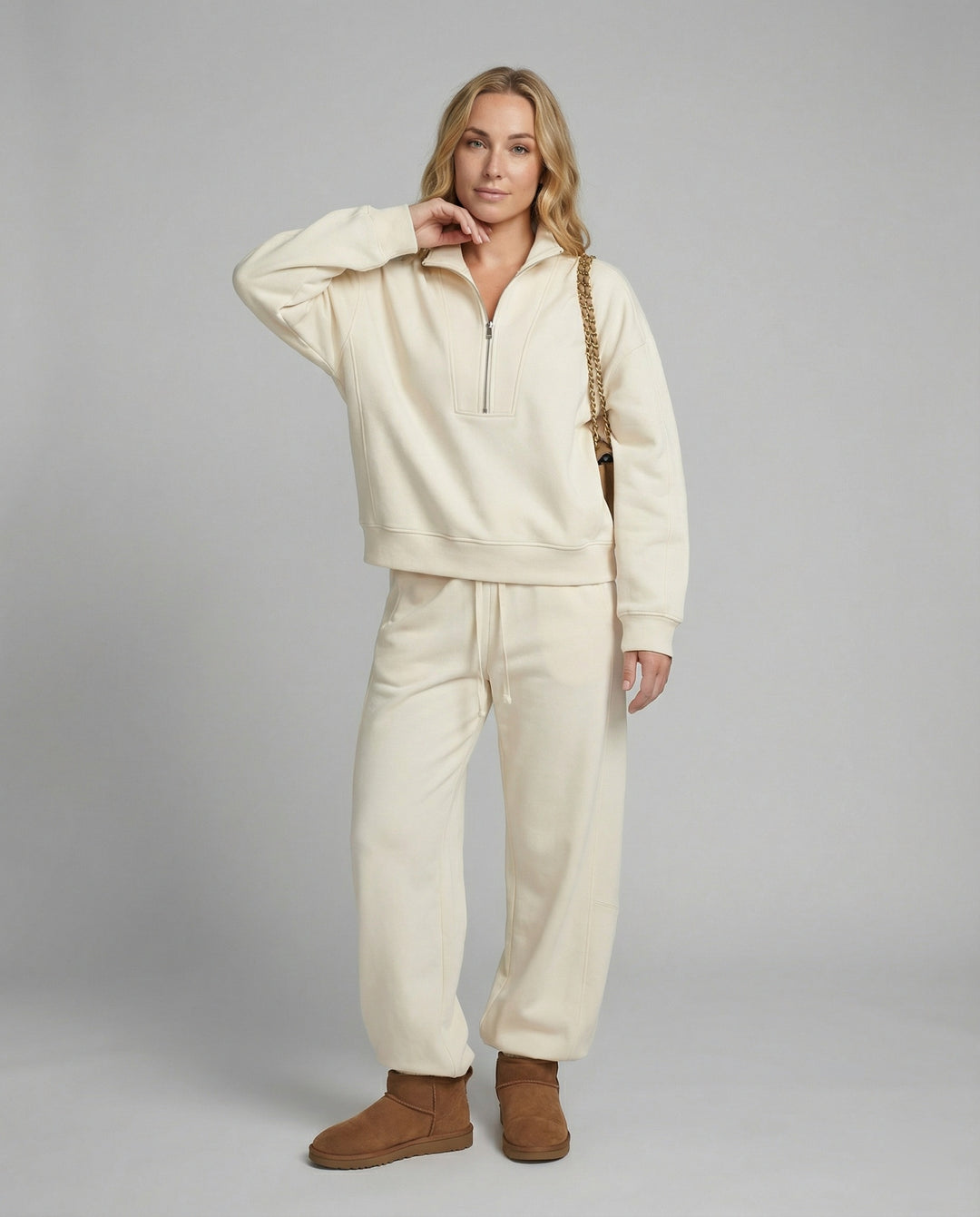 Weit geschnittenes Fleece-Freizeitset mit halbem Reißverschluss, Stehkragen und Jogginghose EB