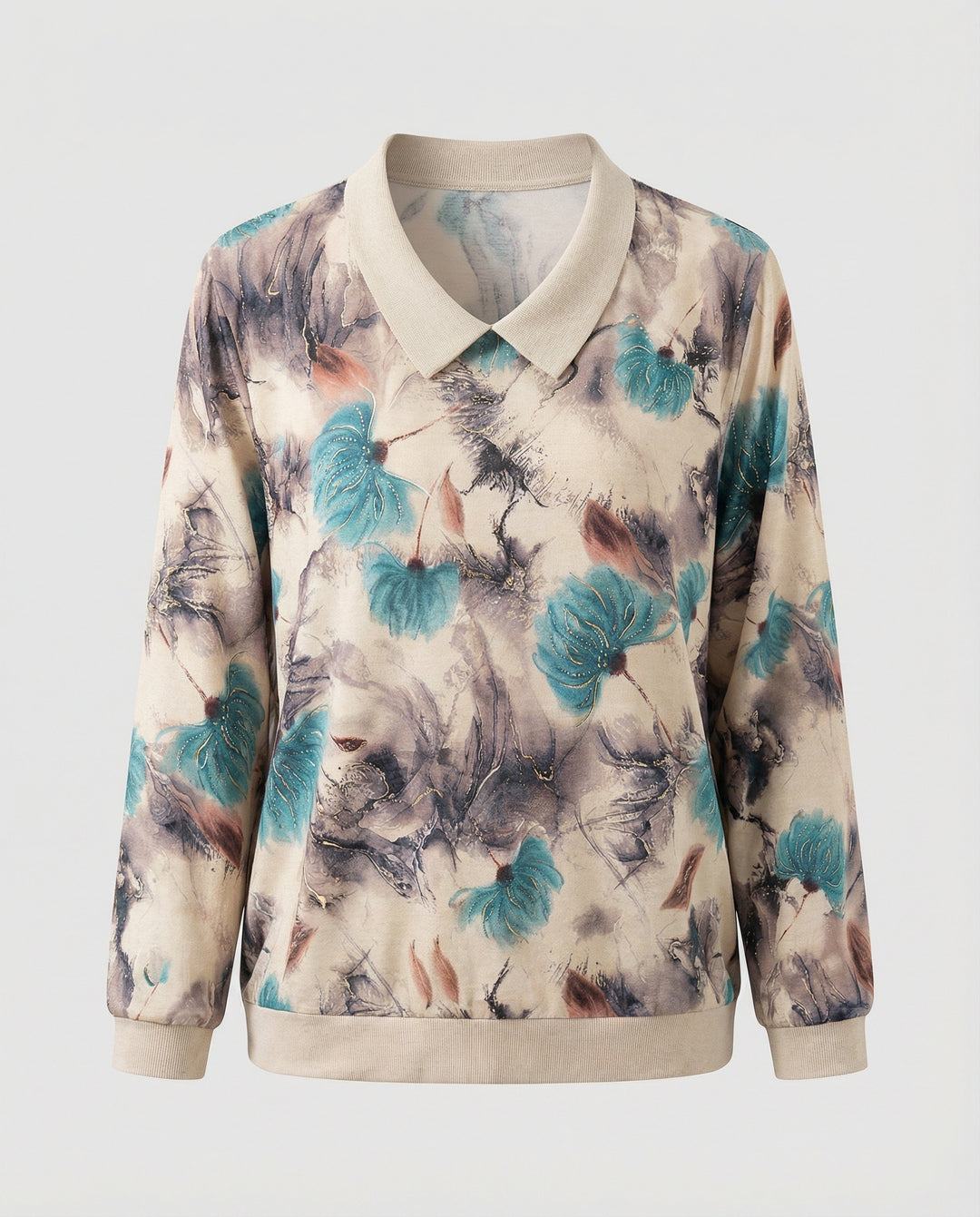 Weit geschnittenes Sweatshirt mit Polokragen und floralem Aquarellprint EB