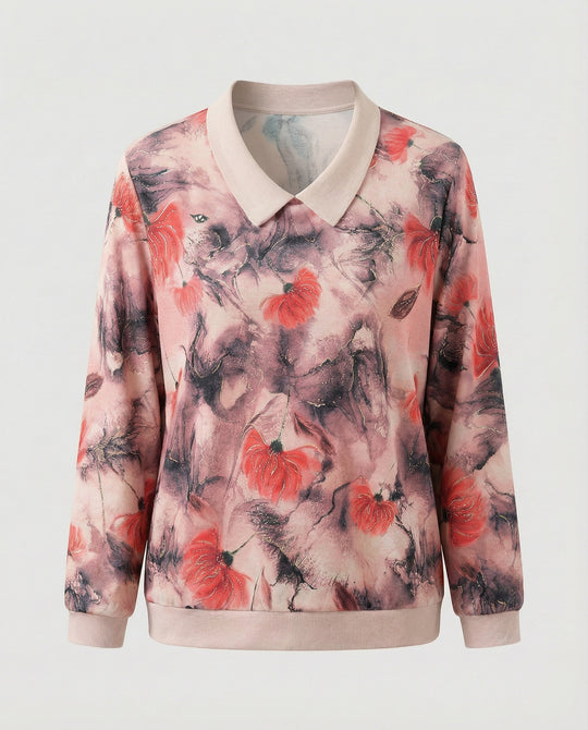 Weit geschnittenes Sweatshirt mit Polokragen und floralem Aquarellprint EB