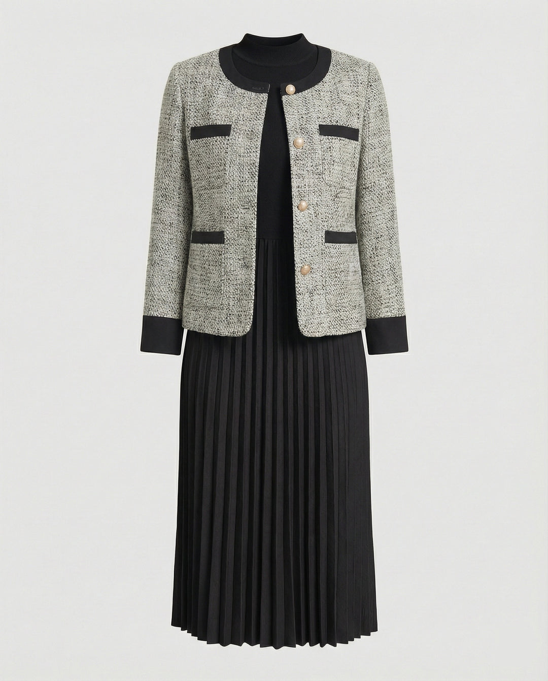 Zweiteiliges Ensemble Boucléjacke mit Rundhalsausschnitt und plissiertem Midikleid