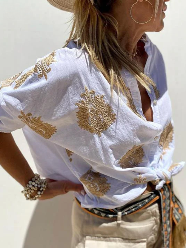 EB | mit Knopfleiste Boho Stil Lockere Passform Langarm Shirt Damen Leinenhemd