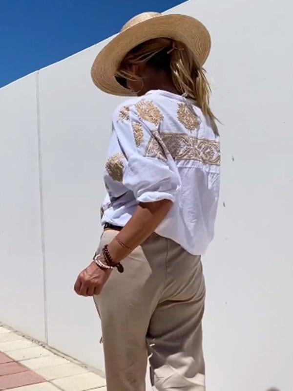 EB | mit Knopfleiste Boho Stil Lockere Passform Langarm Shirt Damen Leinenhemd