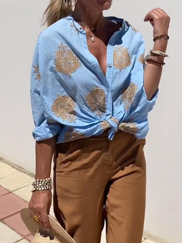 EB | mit Knopfleiste Boho Stil Lockere Passform Langarm Shirt Damen Leinenhemd