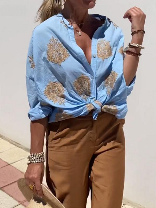 EB | mit Knopfleiste Boho Stil Lockere Passform Langarm Shirt Damen Leinenhemd